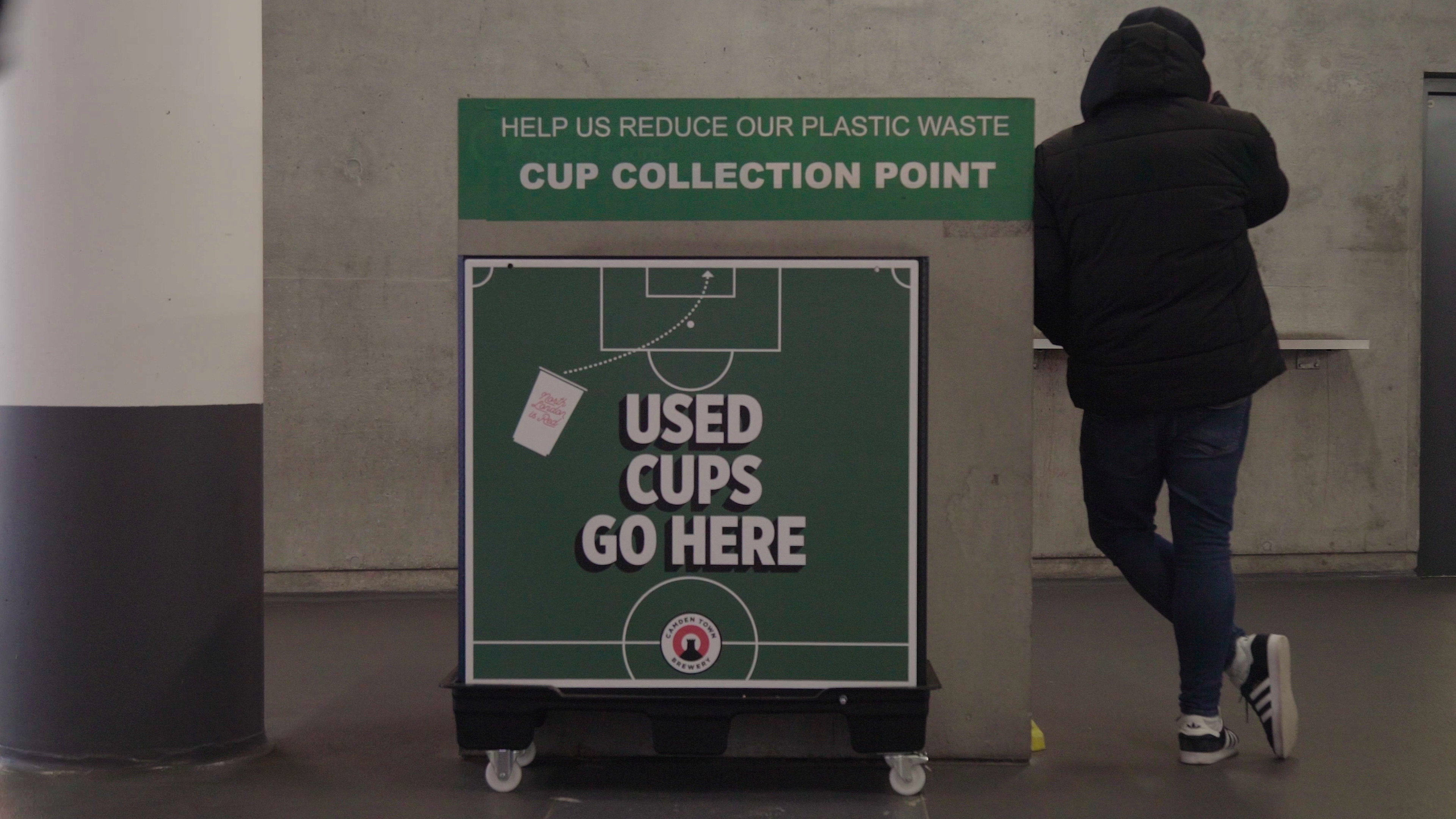 Reusable cup collection point at a UK stadium cutting single-use plastic waste